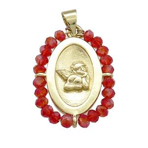 Copper Angel Pendant With Red Crystal Glass Wire Wrapped Oval Gold Plated, approx 20-25mm [FD14043]
