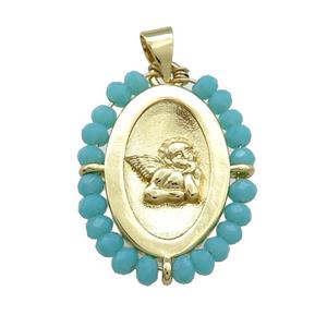 Copper Angel Pendant With Teal Crystal Glass Wire Wrapped Oval Gold Plated, approx 20-25mm [FD14046]
