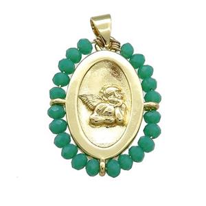 Copper Angel Pendant With Green Crystal Glass Wire Wrapped Oval Gold Plated, approx 20-25mm [FD14048]