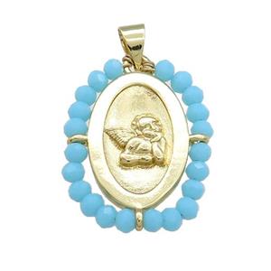 Copper Angel Pendant With Blue Crystal Glass Wire Wrapped Oval Gold Plated, approx 20-25mm [FD14049]