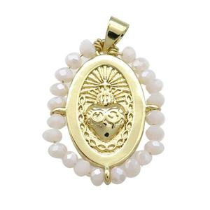 Sacred Heart Charms Copper Oval Pendant With White Crystal Glass Wire Wrapped Gold Plated, approx 20-25mm [FD14051]
