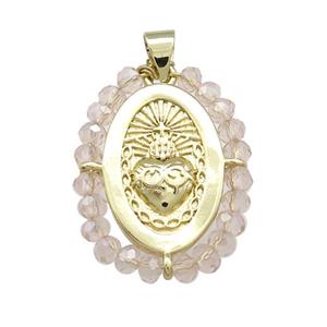 Sacred Heart Charms Copper Oval Pendant With Crystal Glass Wire Wrapped Gold Plated, approx 20-25mm [FD14052]