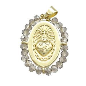 Sacred Heart Charms Copper Oval Pendant With Smoky Crystal Glass Wire Wrapped Gold Plated, approx 20-25mm [FD14053]