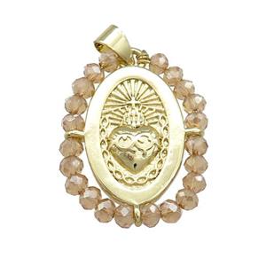 Sacred Heart Charms Copper Oval Pendant With Crystal Glass Wire Wrapped Gold Plated, approx 20-25mm [FD14054]