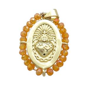 Sacred Heart Charms Copper Oval Pendant With Crystal Glass Wire Wrapped Gold Plated, approx 20-25mm [FD14055]