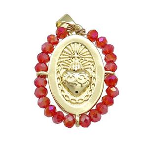 Sacred Heart Charms Copper Oval Pendant With Red Crystal Glass Wire Wrapped Gold Plated, approx 20-25mm [FD14056]