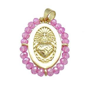 Sacred Heart Charms Copper Oval Pendant With Hotpink Crystal Glass Wire Wrapped Gold Plated, approx 20-25mm [FD14057]