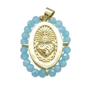 Sacred Heart Charms Copper Oval Pendant With Blue Crystal Glass Wire Wrapped Gold Plated, approx 20-25mm [FD14058]