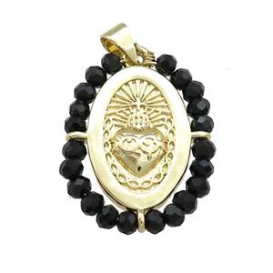 Sacred Heart Charms Copper Oval Pendant With Black Crystal Glass Wire Wrapped Gold Plated, approx 20-25mm [FD14059]