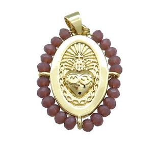 Sacred Heart Charms Copper Oval Pendant With Crystal Glass Wire Wrapped Gold Plated, approx 20-25mm [FD14060]