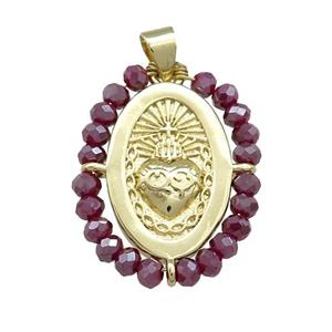 Sacred Heart Charms Copper Oval Pendant With Crystal Glass Wire Wrapped Gold Plated, approx 20-25mm [FD14061]