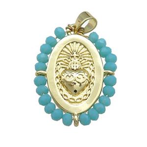 Sacred Heart Charms Copper Oval Pendant With Teal Crystal Glass Wire Wrapped Gold Plated, approx 20-25mm [FD14063]