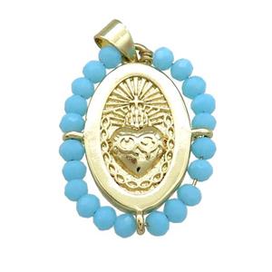 Sacred Heart Charms Copper Oval Pendant With Blue Crystal Glass Wire Wrapped Gold Plated, approx 20-25mm [FD14064]