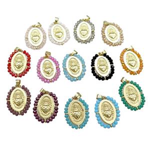 Sacred Heart Charms Religious Copper Oval Pendant With Crystal Glass Wire Wrapped Gold Plated Mixed, approx 20-25mm [FD14065]