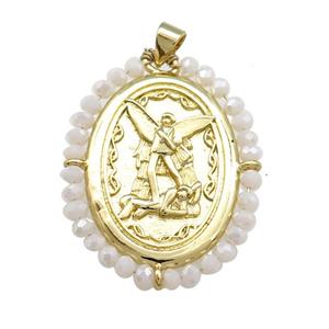 Fairy Charms Copper Oval Pendant With White Crystal Glass Wire Wrapped Gold Plated, approx 27-35mm [FD14066]