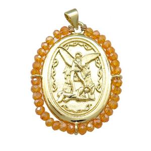 Fairy Charms Copper Oval Pendant With Orange Crystal Glass Wire Wrapped Gold Plated, approx 27-35mm [FD14071]