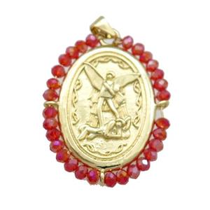 Fairy Charms Copper Oval Pendant With Red Crystal Glass Wire Wrapped Gold Plated, approx 27-35mm [FD14072]