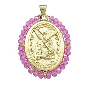 Fairy Charms Copper Oval Pendant With Hotpink Crystal Glass Wire Wrapped Gold Plated, approx 27-35mm [FD14074]