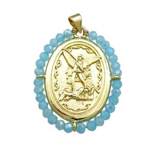 Fairy Charms Copper Oval Pendant With Blue Crystal Glass Wire Wrapped Gold Plated, approx 27-35mm [FD14075]