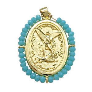 Fairy Charms Copper Oval Pendant With Teal Crystal Glass Wire Wrapped Gold Plated, approx 27-35mm [FD14077]