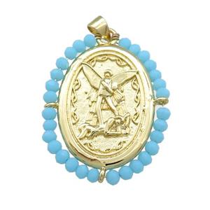Fairy Charms Copper Oval Pendant With Blue Crystal Glass Wire Wrapped Gold Plated, approx 27-35mm [FD14078]