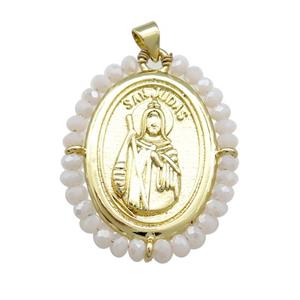 Saint Jude Charms Copper Medal Pendant With White Crystal Glass Wire Wrapped Oval Gold Plated, approx 27-35mm [FD14080]