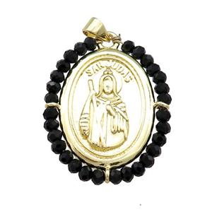 Saint Jude Charms Copper Medal Pendant With Black Crystal Glass Wire Wrapped Oval Gold Plated, approx 27-35mm [FD14081]