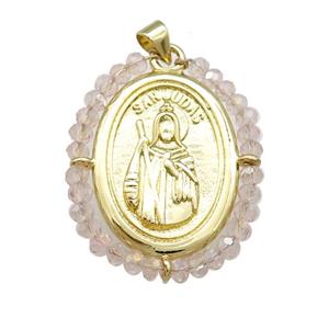 Saint Jude Charms Copper Medal Pendant With Crystal Glass Wire Wrapped Oval Gold Plated, approx 27-35mm [FD14082]