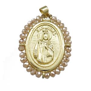 Saint Jude Charms Copper Medal Pendant With Crystal Glass Wire Wrapped Oval Gold Plated, approx 27-35mm [FD14083]