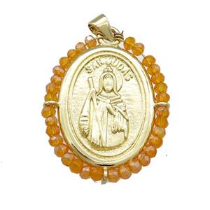 Saint Jude Charms Copper Medal Pendant With Orange Crystal Glass Wire Wrapped Oval Gold Plated, approx 27-35mm [FD14084]
