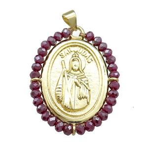 Saint Jude Charms Copper Medal Pendant With Crystal Glass Wire Wrapped Oval Gold Plated, approx 27-35mm [FD14086]
