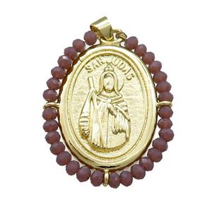 Saint Jude Charms Copper Medal Pendant With Crystal Glass Wire Wrapped Oval Gold Plated, approx 27-35mm [FD14087]
