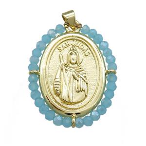 Saint Jude Charms Copper Medal Pendant With Aqua Crystal Glass Wire Wrapped Oval Gold Plated, approx 27-35mm [FD14088]