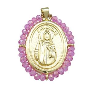 Saint Jude Charms Copper Medal Pendant With Hotpink Crystal Glass Wire Wrapped Oval Gold Plated, approx 27-35mm [FD14089]