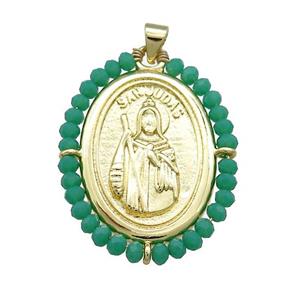 Saint Jude Charms Copper Medal Pendant With Green Crystal Glass Wire Wrapped Oval Gold Plated, approx 27-35mm [FD14090]