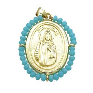 Saint Jude Charms Copper Medal Pendant With Teal Crystal Glass Wire Wrapped Oval Gold Plated, approx 27-35mm [FD14091]