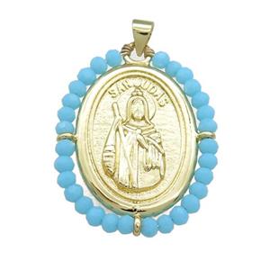Saint Jude Charms Copper Medal Pendant With Blue Crystal Glass Wire Wrapped Oval Gold Plated, approx 27-35mm [FD14092]