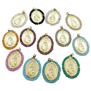 Saint Jude Charms Copper Medal Pendant With Crystal Glass Wire Wrapped Oval Gold Plated Mixed, approx 27-35mm [FD14093]