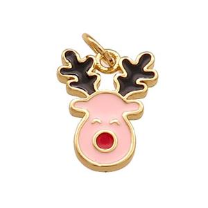 Christmas Reindeer Charms Copper Pendant Pink Enamel Gold Plated, approx 11-14mm [FD14096]