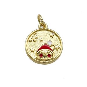 Christmas Santa Claus Charms Copper Circle Pendant Red Enamel Gold Plated, approx 13mm [FD14100]