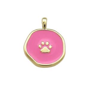 Copper Circle Pendant Paw Pink Enamel Gold Plated, approx 14mm [FD14109]