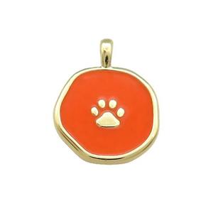 Copper Circle Pendant Paw Orange Enamel Gold Plated, approx 14mm [FD14110]