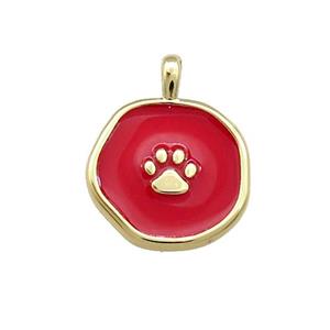 Copper Circle Pendant Paw Red Enamel Gold Plated, approx 14mm [FD14111]