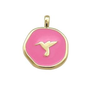 Copper Circle Pendant Hummerbirds Pink Enamel Gold Plated, approx 14mm [FD14115]