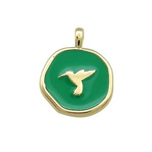 Copper Circle Pendant Hummerbirds Green Enamel Gold Plated, approx 14mm [FD14116]