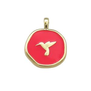 Copper Circle Pendant Hummerbirds Red Enamel Gold Plated, approx 14mm [FD14117]