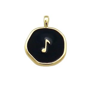 Copper Circle Pendant Musical Note Symbols Black Enamel Gold Plated, approx 14mm [FD14119]