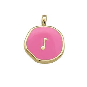 Copper Circle Pendant Musical Note Symbols Pink Enamel Gold Plated, approx 14mm [FD14120]