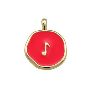 Copper Circle Pendant Musical Note Symbols Red Enamel Gold Plated, approx 14mm [FD14121]