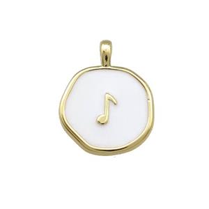 Copper Circle Pendant Musical Note Symbols White Enamel Gold Plated, approx 14mm [FD14123]